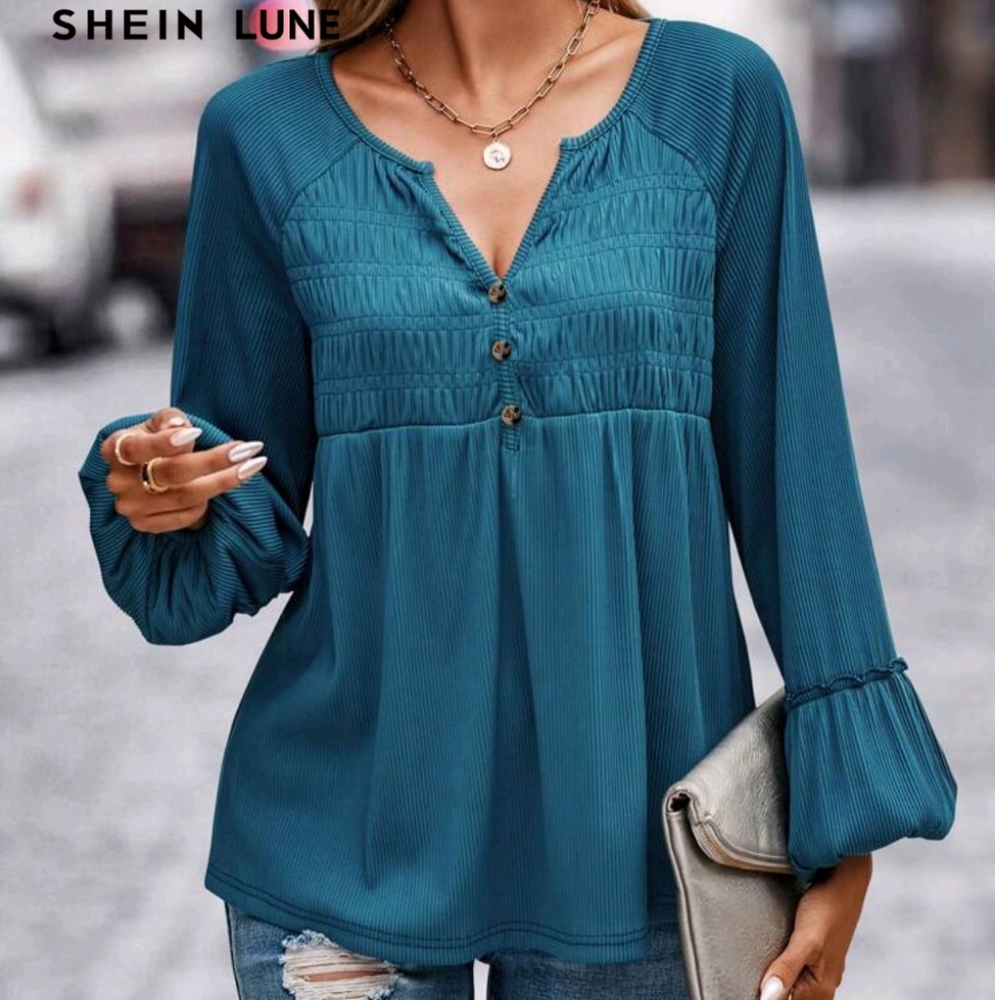 SHEIN Teal Pleated Blouse with Button Detail size L 8/10